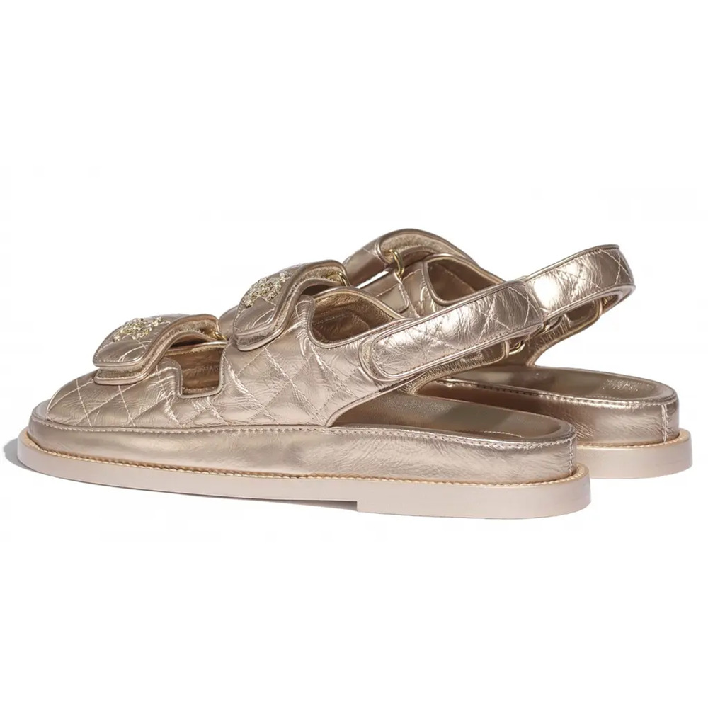 Chanel 21C Bronze Quilted Chain CC Logo Mule Slide Strap Flat Teva Dad Sandal 37 - Picture 10 of 12